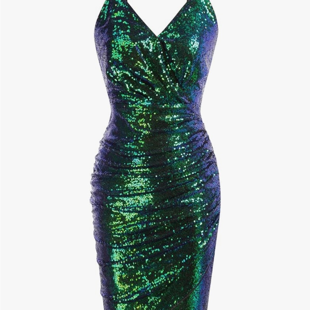 Grace Karin Green and Blue Sequin Ruched Bodycon Dress